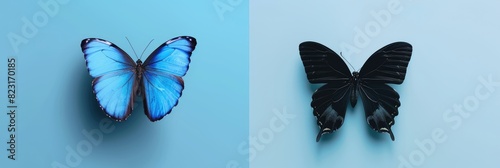Blue Morpho Butterfly and Silhouette on Blue Background photo