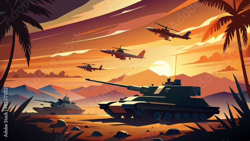 The main battle tank on dollar bill banknotes background. fights against terrorism or sells arms weapons to other countries concept.
