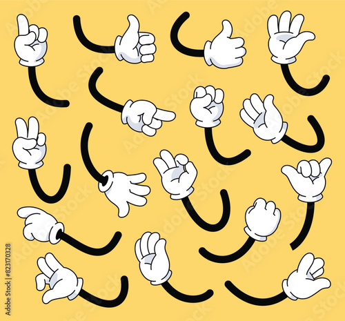 Comic hands in white gloves. Different types of hand gestures. Palms in different angles. Body part. Vector illustration © Igor