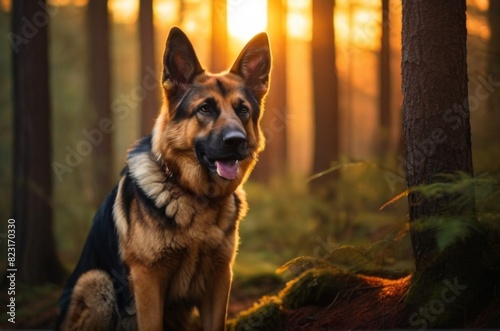 German Shepherd dog, Professional wild life photography, in forest, sunset bokeh blur background, animals & birds, cinematic, wallpaper