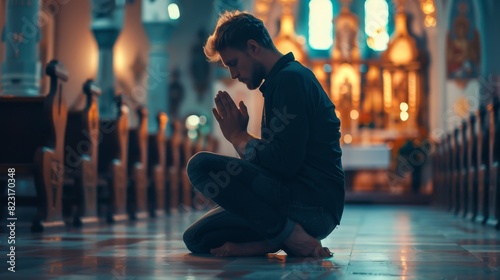 Young Christian man kneeling in church, praying sincerely with folded hands. Seeking guidance from faith as well as spirituality.