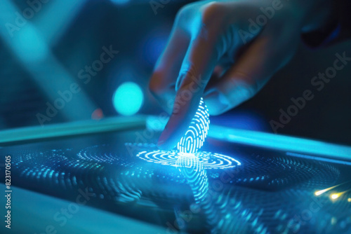 A biometric security system in use, fingerprint being scanned with futuristic blue light, technology for secure access.