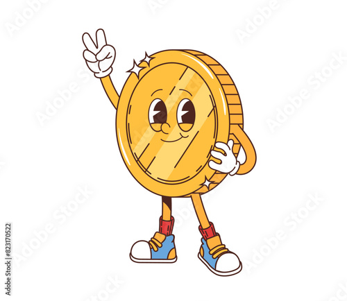 Retro groovy golden coin character. Vibrant and playful money piece personage giving a peace sign. Isolated cartoon vector gold shiny coin, dressed in a casual style sneakers, features a smiling face