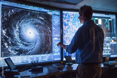 A meteorologist analyzing complex weather models on a large digital display, surrounded by tools like barometers and thermometers.