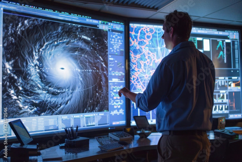 A meteorologist analyzing complex weather models on a large digital display, surrounded by tools like barometers and thermometers. photo