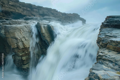 A powerful waterfall cascading over ancient, eroded rocks, the force of the water highlighting the resilience and texture of the geological formations. photo