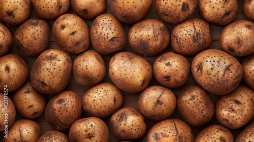 Close-up of multiple brown potatoes with textured skin  showcasing the natural details and patterns in a tightly packed arrangement.