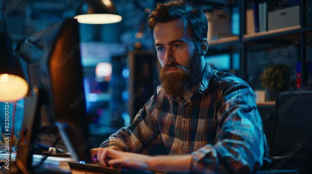 An innovative Internet project is being developed by a research and development department using a desktop computer and a technological office environment. An innovative Internet project is being developed by a research and development department using a desktop computer and a technological office environment.