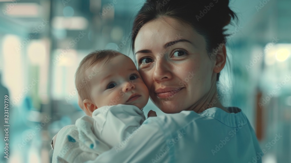Mother Holding Newborn Child, Bonding with Little Infant in Modern Maternity Clinic. Caucasian Woman Hugging Her Baby. Concept of Healthcare, Maternity and Motherhood. Mother Holding Newborn Child, Bonding with Little Infant in Modern Maternity Clinic. Caucasian Woman Hugging Her Baby. Concept of Healthcare, Maternity and Motherhood.