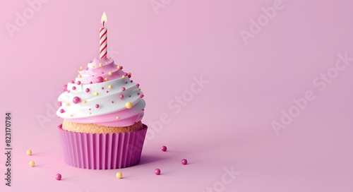 Cupcake with Birthday Candle on Pastel Background