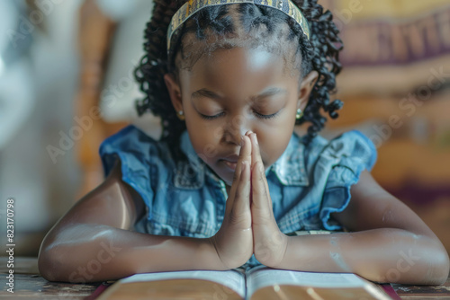 African American girl praying while sitting over the Bible. Religious concept.
