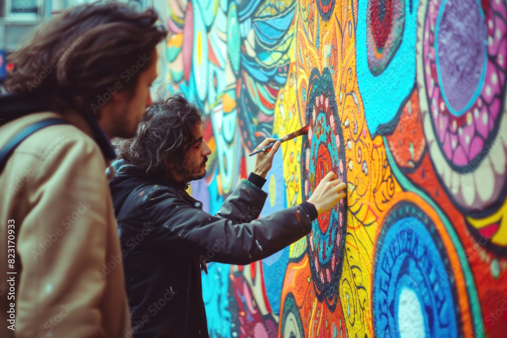 Fototapeta premium A young artist painting a colorful mural on a city wall, onlookers admiring, depicting city life and happiness.