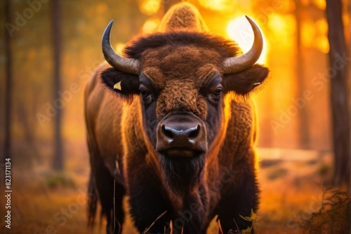 Bison, Professional wild life photography, in forest, sunset bokeh blur background, animals & birds, cinematic, wallpaper