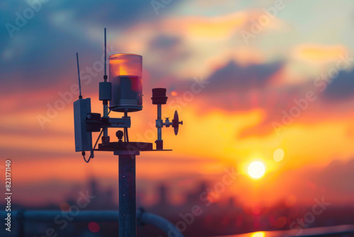 An outdoor meteorological station at dawn, equipped with anemometers and weather vanes against a rising sun, capturing the early detection of weather changes. photo
