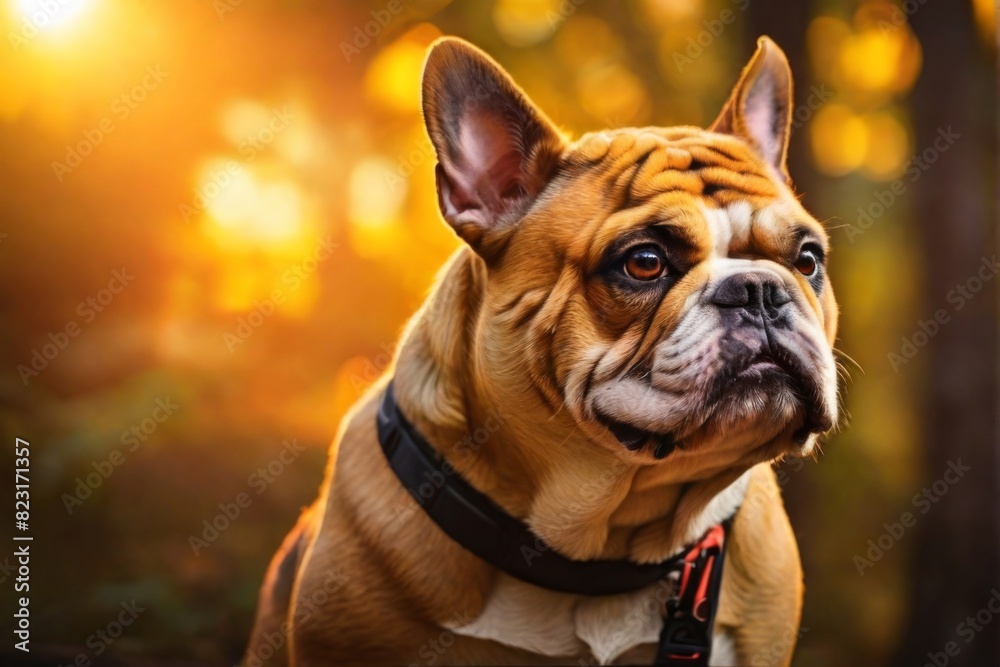 Fototapeta premium Bulldog, Professional wild life photography, in forest, sunset bokeh blur background, animals & birds, cinematic, wallpaper