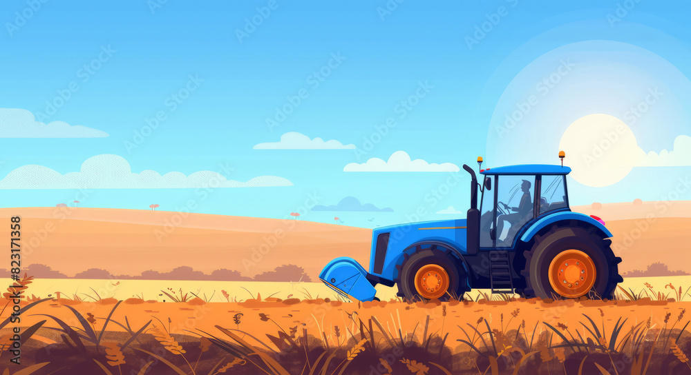Fototapeta premium Illustration of a blue tractor working in a field. Agricultural business development concept 