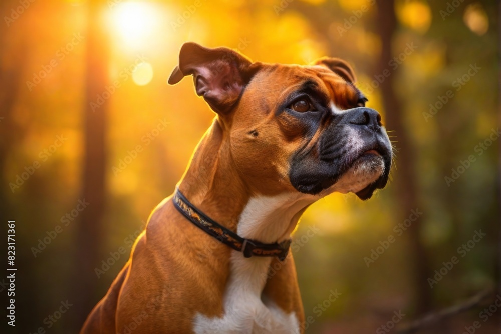 Boxer dog, Professional wild life photography, in forest, sunset bokeh blur background, animals & birds, cinematic, wallpaper