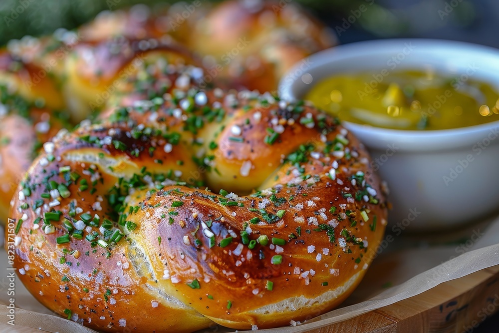 Pretzel - Soft, golden-brown pretzel with coarse salt, served with mustard dip. Pretzel - Soft, golden-brown pretzel with coarse salt, served with mustard dip.