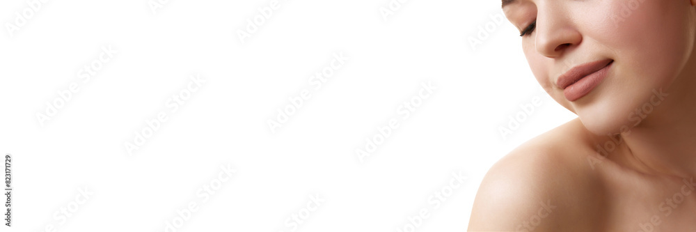 Banner. Young tender woman with neutral make up posing with bare shoulders against white studio background. Copy space. Concept of natural beauty, antiaging treatment, wellness, youth. Ad Banner. Young tender woman with neutral make up posing with bare shoulders against white studio background. Copy space. Concept of natural beauty, antiaging treatment, wellness, youth. Ad