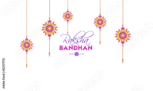 Happy Raksha Bandhan Banner Design with Hanging Beautiful Rakhis on Pink Glossy Background.