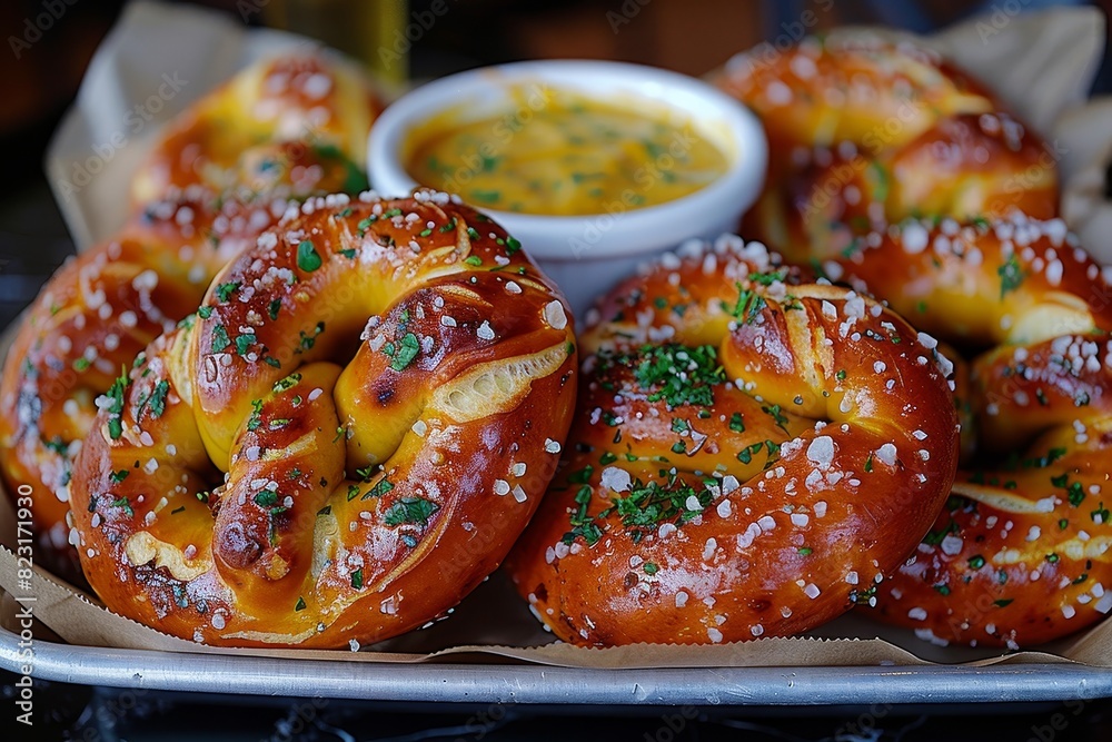 Pretzel - Soft, golden-brown pretzel with coarse salt, served with mustard dip. Pretzel - Soft, golden-brown pretzel with coarse salt, served with mustard dip.