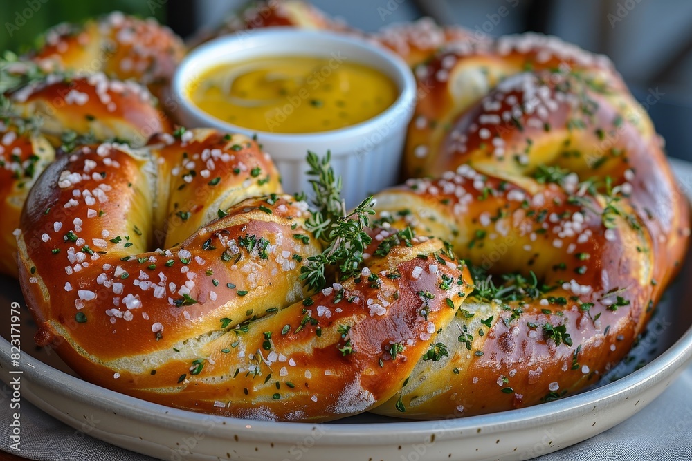 Pretzel - Soft, golden-brown pretzel with coarse salt, served with mustard dip. Pretzel - Soft, golden-brown pretzel with coarse salt, served with mustard dip.