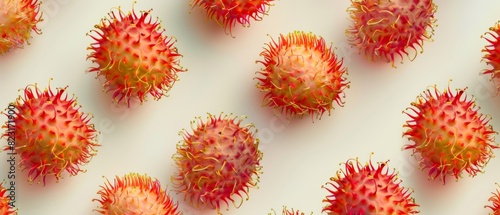 Macro shot of rambutan fruits with red and yellow spiky skin on a light background. High-quality image ideal for food and exotic fruit concepts. photo