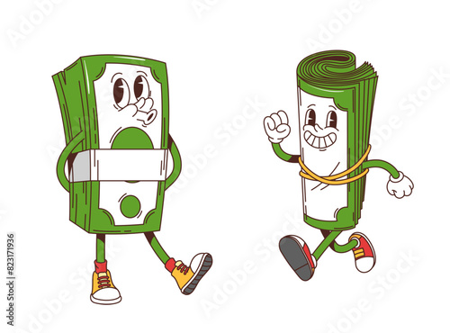 Retro groovy rolled banknotes characters. Vector money bill personages in hippie y2k style, one appears joyful and running, the other looks carefree, both with happy facial expressions and sneakers