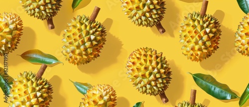 Pattern of fresh tropical durians with green leaves on a vibrant yellow background  showcasing their unique textured spikes and bright color.