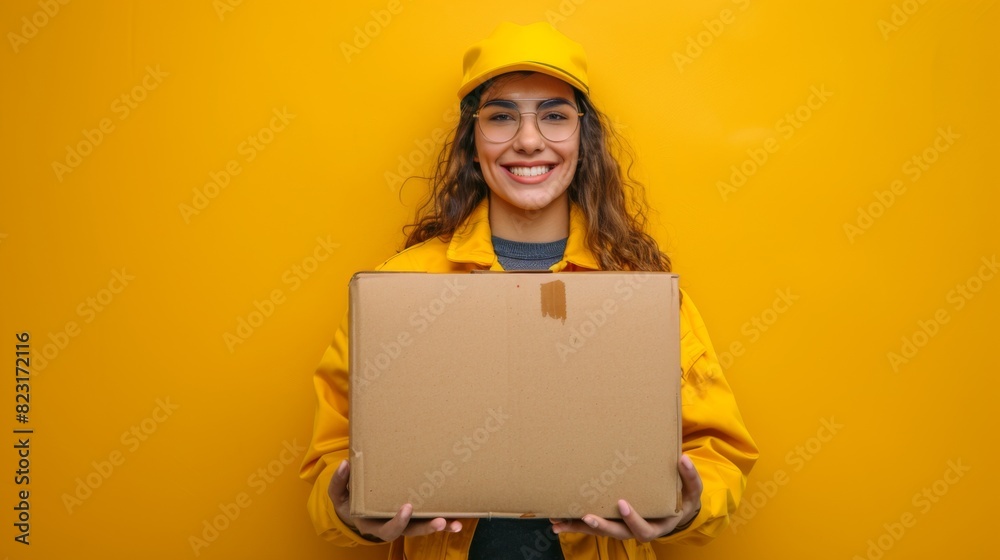Naklejka premium Vibrant Delivery: Happy Female Courier Holding Large Box on Yellow Background with Copy Space