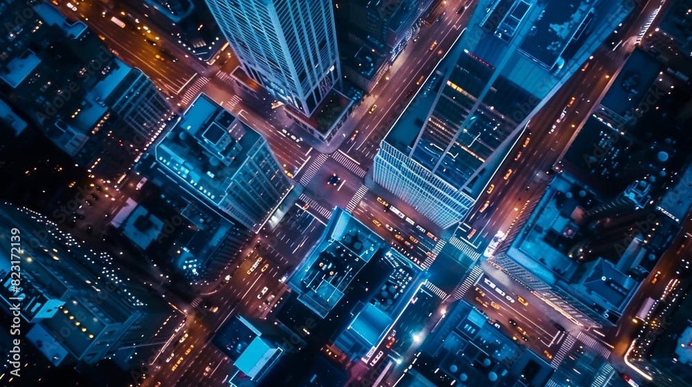 In this night aerial photo of Manhattan, you can see Avenues, Businesses, and Residential Roofs, and Cars and Commercial Vehicles driving at night. There is traffic on a straight highway. In this night aerial photo of Manhattan, you can see Avenues, Businesses, and Residential Roofs, and Cars and Commercial Vehicles driving at night. There is traffic on a straight highway.