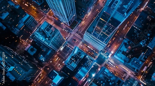 In this night aerial photo of Manhattan  you can see Avenues  Businesses  and Residential Roofs  and Cars and Commercial Vehicles driving at night. There is traffic on a straight highway.