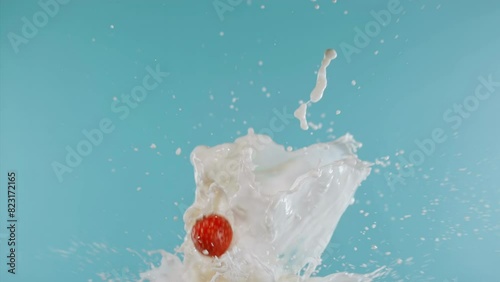 Super Slow Motion Strawberries Splashing in Fresh Milk at 1000 fps blau backgrau photo