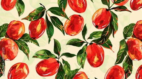 Seamless pattern of hand-painted mangos with leaves on a light background  perfect for summer designs and tropical themes.