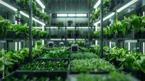 Vertical Farming Logistics Warehouse: Robots transporting sustainably grown organic produce. Agriculture in an automatic retail warehouse with artificial intelligence-controlled hydroponics.