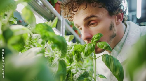 Agricultural Engineer Using Tablet Computer and Working in a Vertical Farm Setting Next to Natural Basilplants, A Portrait of a Young Biology Scientist Inspecting and Analyzing Young Growing Crops photo