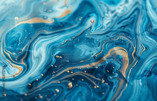 A closeup of swirling marble patterns in shades of blue and gold, resembling an oceanic scene with waves and bubbles
