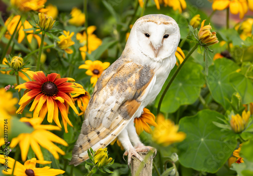 Barn Owl, Scientific name, Tyto Alba. Close up of an adult Barn Owl, perched on a post with colourful daisies and facing front. Horizontal.  Copy space