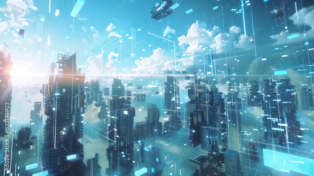 This is a 3D rendering of a beautiful digital metaverse. It shows avatars, buildings, nature, and robots flying about. It shows a point of view from the point of view of the user. This is a 3D rendering of a beautiful digital metaverse. It shows avatars, buildings, nature, and robots flying about. It shows a point of view from the point of view of the user.