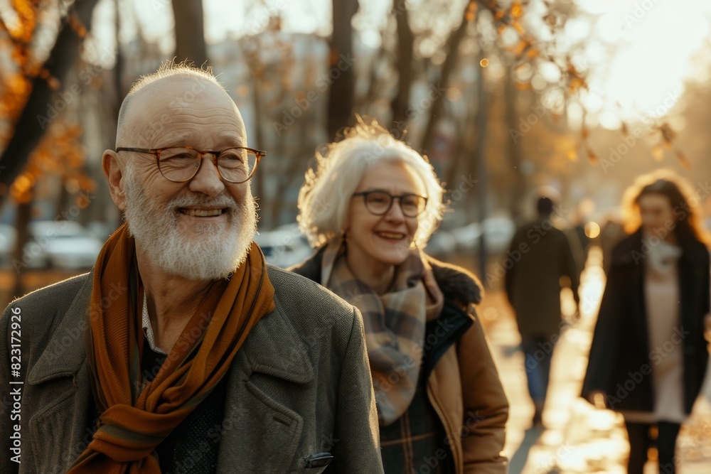 Happy senior couple walking in the park at sunset. Smiling old man and woman spending time together.