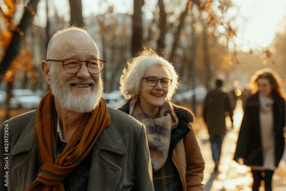 Happy senior couple walking in the park at sunset. Smiling old man and woman spending time together. Happy senior couple walking in the park at sunset. Smiling old man and woman spending time together.