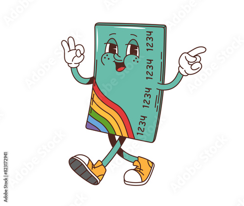 Retro groovy credit bank card character. Isolated cartoon vector playful personage with smiling face and rainbow stripes, giving an ok and pointing gesture, displays cheerful vibes in banking finance
