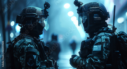 Two swat cops talking to each other, night time. Generative AI. photo
