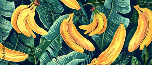 Seamless tropical background with vibrant yellow bananas and lush green banana leaves on a dark background. Lively and exotic design. photo