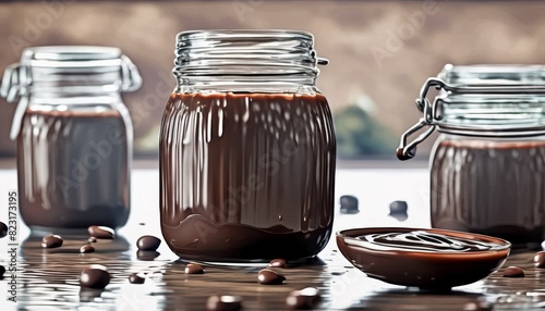 Silky chocolate spread in two open glass jars surrounded by scattered cocoa beans on a wooden surface. AI Generation photo
