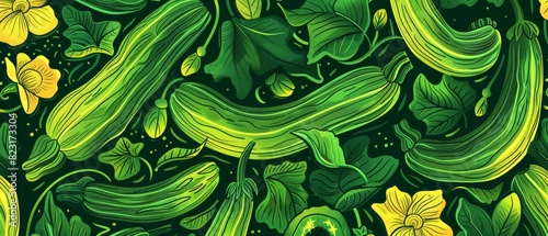 Seamless vector pattern of green zucchinis with leaves and yellow flowers, perfect for kitchen or garden-themed designs.