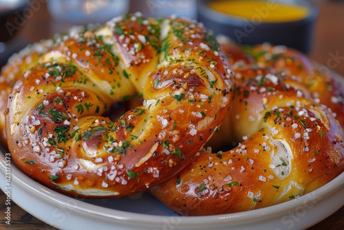 Pretzel - Soft, golden-brown pretzel with coarse salt, served with mustard dip. 