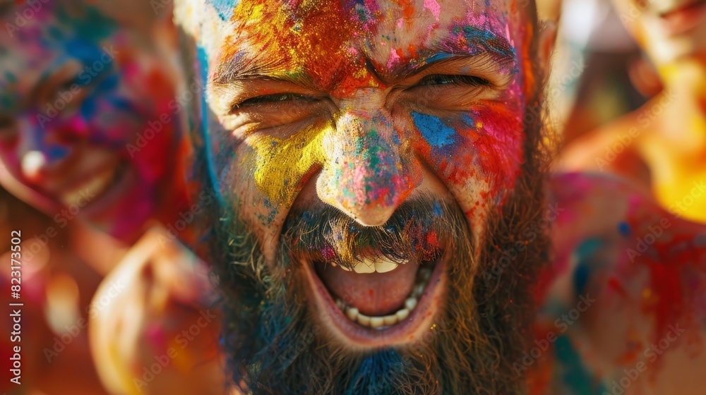 This close-up portrait shows a muscular man dancing in the Holi Festival with his friends. His face and clothes are covered in colorful powder, and people are dancing in the background. This close-up portrait shows a muscular man dancing in the Holi Festival with his friends. His face and clothes are covered in colorful powder, and people are dancing in the background.