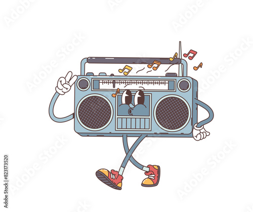 Cartoon retro groovy tape recorder character playing music, vector funky comic. Groovy cartoon in 70s hippie art funny tape recorder whistling or singing song with notes and happy smile on face