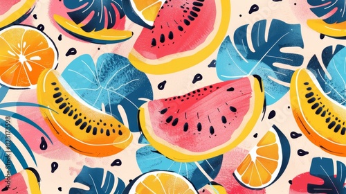 Vibrant and colorful seamless pattern featuring juicy watermelon  banana  and orange slices with tropical leaves.